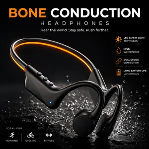 Bone Conduction Headphones with LED Safety Light – IP56 Waterproof, Dual Device Connection, Long Battery Life – Ideal for Night Running & Fitness