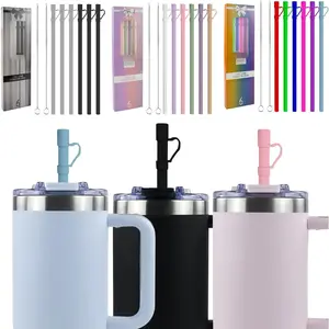 6-Pack  Straws for 40 oz Tumbler, 40 oz Tumbler Straw,  Topper and Cover, 12 inch Silicon, Drinking Cup Accessories, Fits Large Cups - Black and Gray