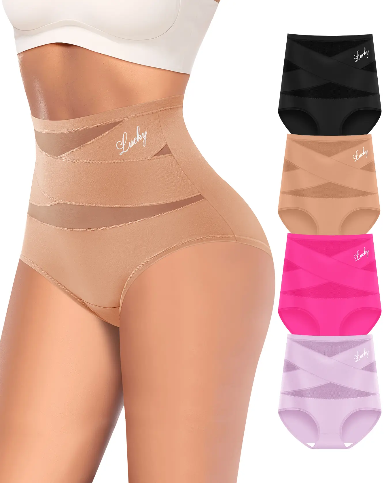 Olish Women's 4-Piece High-Waist Plain Panties, New Updated Criss-Cross Style, Breathable Tummy Slim Control Briefs, Soft & Stretchy for Everyday Comfortable Fit, Women's Body Shaping Underwear