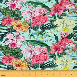 Flamingo Fabric by The Yard,Tropical Palm Leaves Floral Upholstery Fabric for Chairs,Jungle Hibiscus Orchid Botanical Outdoor Fabric, Floral Print Fabric