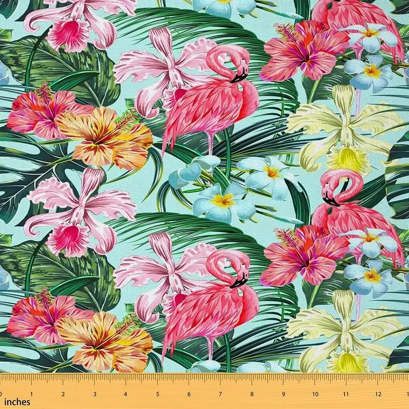 Flamingo Fabric by The Yard,Tropical Palm Leaves Floral Upholstery Fabric for Chairs,Jungle Hibiscus Orchid Botanical Outdoor Fabric, Floral Print Fabric