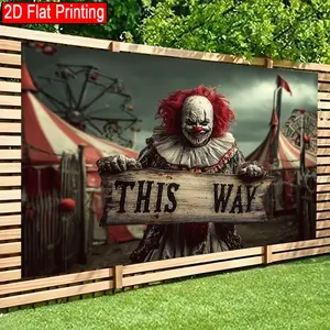 2D Flat Backdrop banner Sinister Clown's Signpost to the Dark Path Spooky Theme Decoration for Living Room, Bedroom, Office, Birthday Anniversary, and Home Decor & Party Photo Backdrop Easy Hanging for Outdoor Indoor