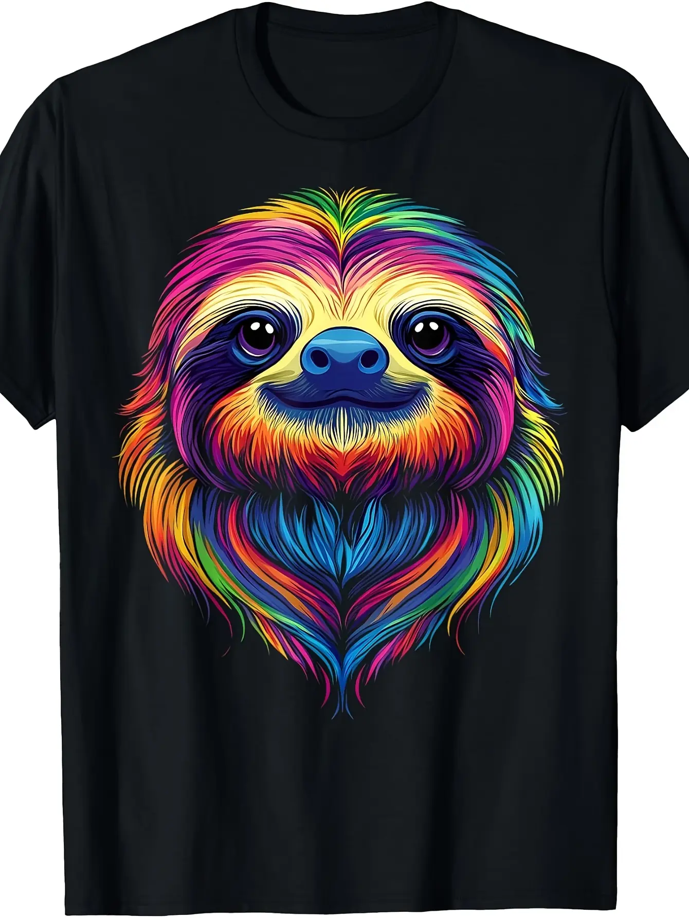 Retro Sloth Face T-Shirt - Colorful Jungle Print with Sloth, Round Neck Casual Tee Suitable for Rainforest Themed Outfits, Machine Washable Apparel for Casual Attire & Themed Events