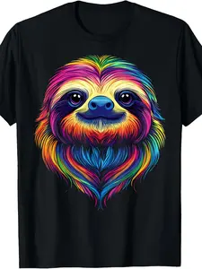 Retro Sloth Face T-Shirt - Colorful Jungle Print with Sloth, Round Neck Casual Tee Suitable for Rainforest Themed Outfits, Machine Washable Apparel for Casual Attire & Themed Events