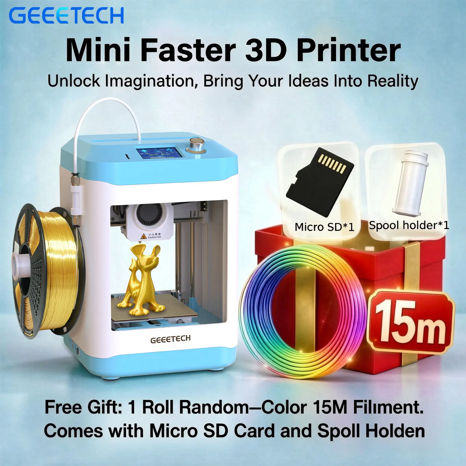 Geeetech M1 3D Printer for Kids - 0.5kg High-Speed Mini Pre-Assembled STEM Tool, Auto-Leveling, Fully Open Source, Removable Build Plate, TF Card Compatible, TPU Printing Support, 250mm/s Speed, 50W Heating Rod, 3.94x4.33x3.94in Print Size for Home Use