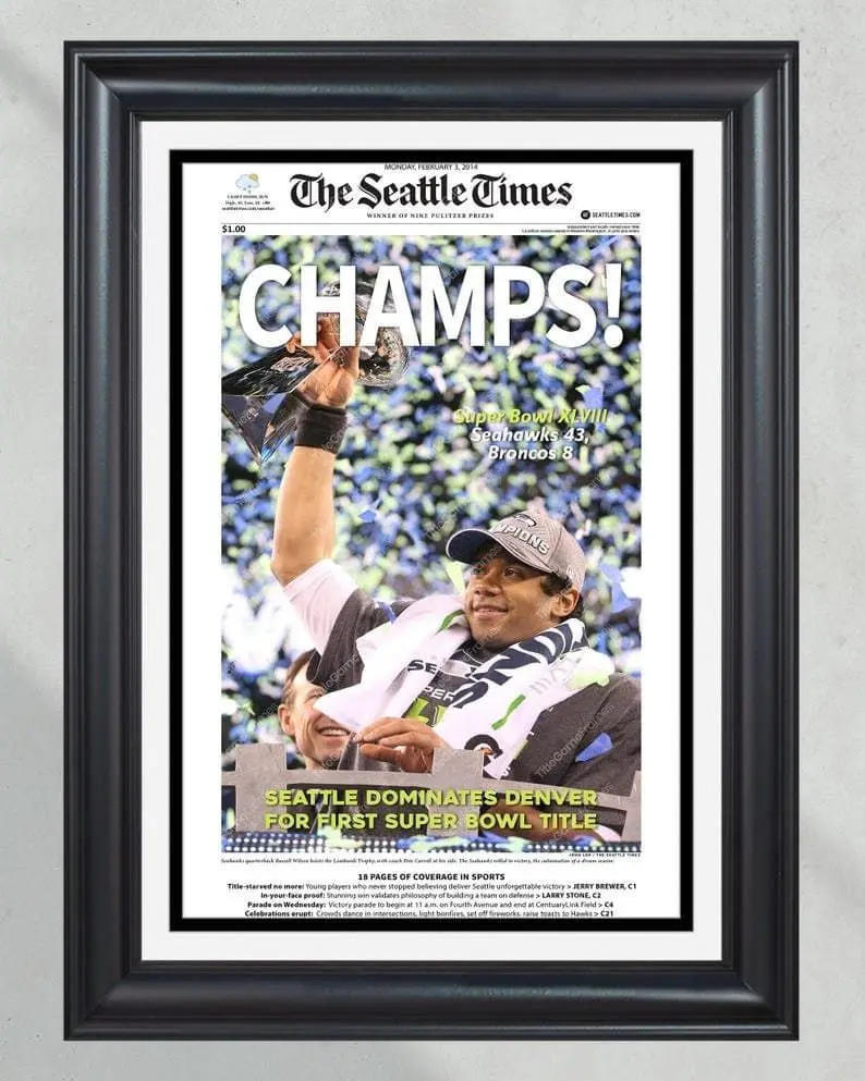 2014 Seattle Seahawks Super Bowl XLVIII 'CHAMPS!' Unframed Poster - Legion of Boom Era Front Page Newspaper Print - Seattle Football History Decor