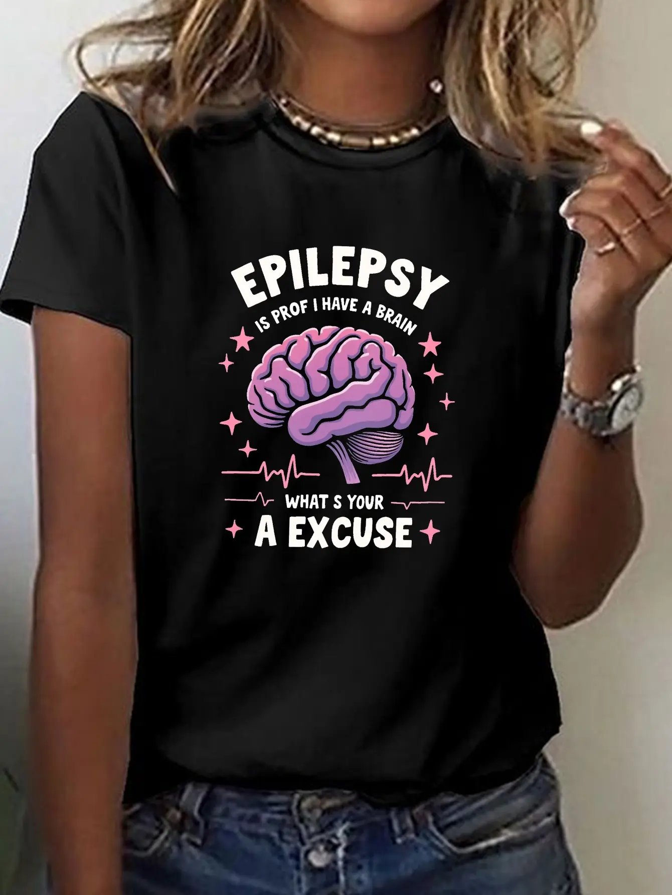 EPILEPSY Brain Print T-shirt, Short Sleeve Crew Ne unisex soft cotton short sleeve t shirt, vintage graphic casual tee for men women teens, perfect birthday holiday gift for camping travel gym daily street casual wear