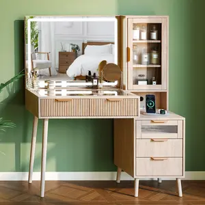 Fluted Makeup Vanity Desk with Mirror and Lights, 5 Drawers Glass Top Makeup Vanity with 4 Storage and 9-Grid Organizer, 3 Color Ribbed Glass Dressing Table with Charging Station, Natural Oak