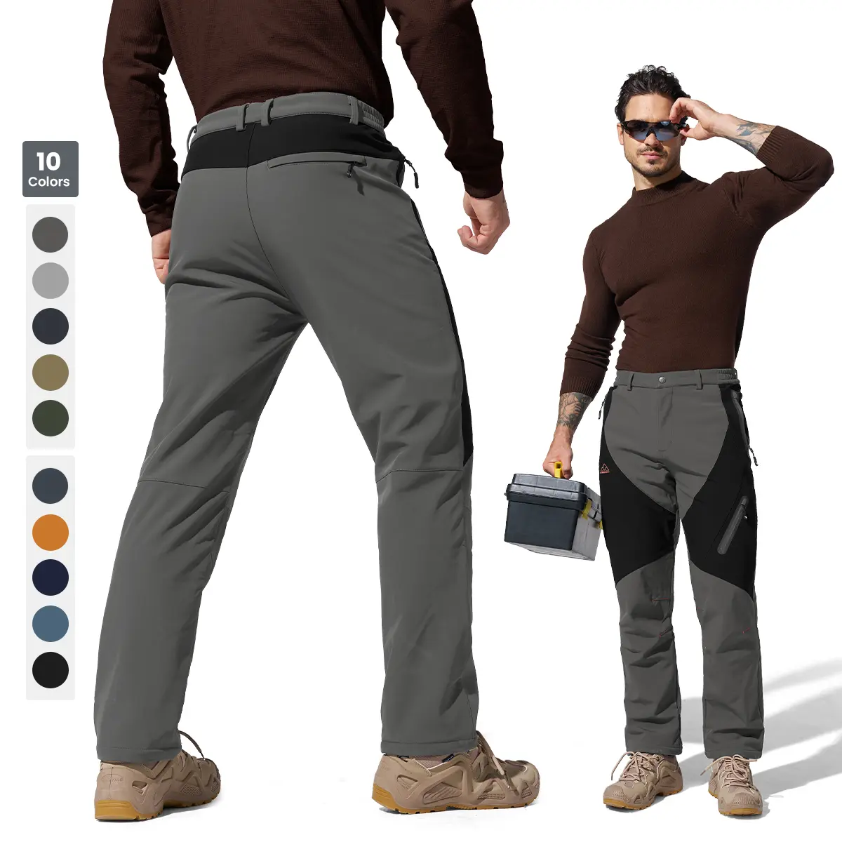GOPUNE Men's Water Resistant Outdoor Pants Winter Work Pants Fleece Insulated Ski Snow Pants Tactical Trousers with 4 Zip Pockets, Regular Fit for Hiking, Camping & Cold Weather