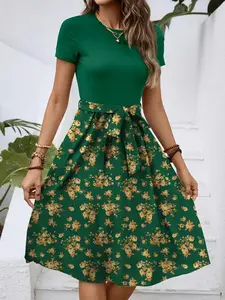 Base Flower Patchwork Dress, Round Neck Short Sleeve Waist Tie A-Line Midi Dress, Summer Elegant Office Vacation Dress