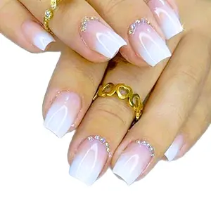 "Ombre" 24pcs Long Medium Square Ombre with Pink Rhinestone Nails with glue Manicure Flawless