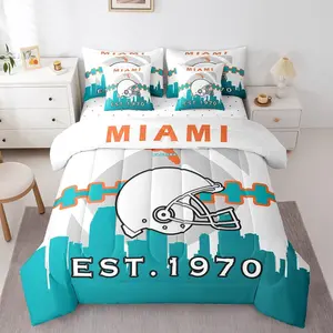 7 Pcs Boys Football Bed in a Bag with Flat Sheet and Fitted Sheet for Kids and Adults,Football Bedding Set with Pillowcases and Cushion Cases(Miami)