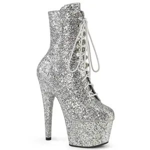 Women's 7-in Silver Glitter Platform Lace Boot Heels, ADORE-1020GWR Fashion Footwear