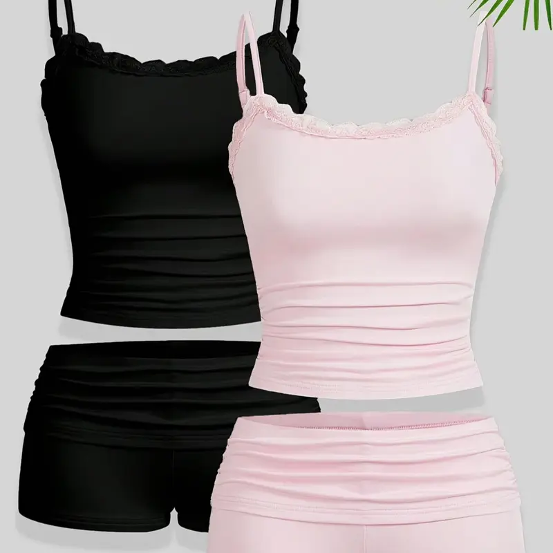 Women's Solid Lace Trim Cami Spaghetti Strap Top & Shorts Two-piece Set, Casual Sleeveless Top & Shorts for Daily Wear, Ladies Summer Clothes