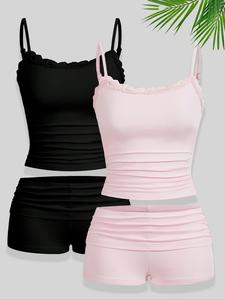 women's solid lace trim cami top & shorts two-piece set, casual pastel spaghetti strap sleeveless top & shorts for daily wear, ladies summer clothes