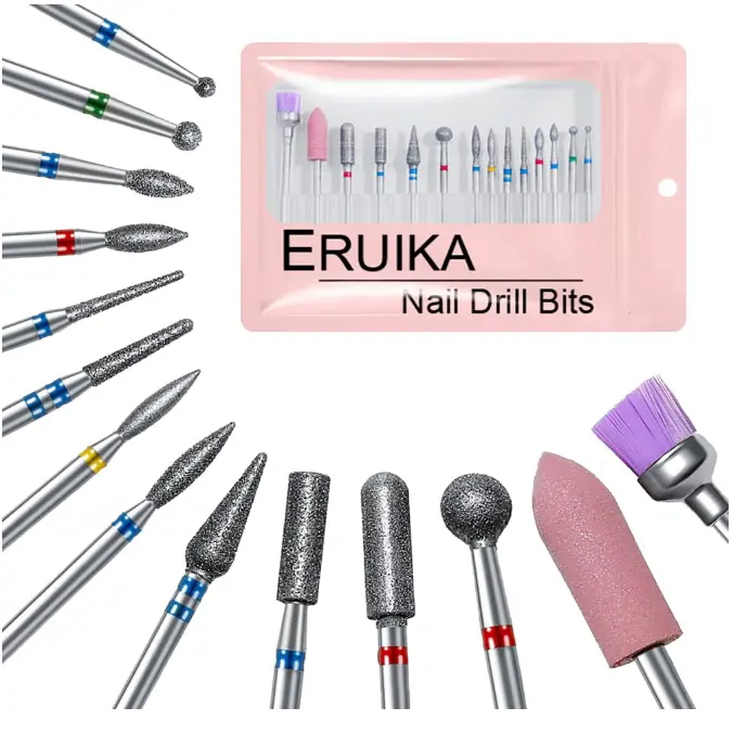 14pcs Nail Drill Bits Set, 3/32" Diamond Cuticle Remover Bits Kit | Professional Rotary Burrs for Acrylic Gel Nails, Electric Manicure Cuticle Pedicure Nail File Bit Salon Tools