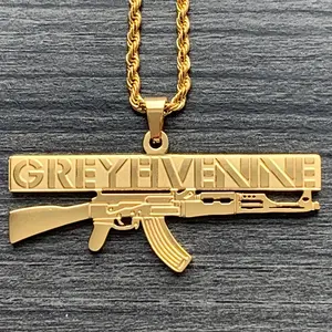 GREYFIVENINE AK-47 Necklace 1.5" Gold Plated Etched & Polished Stainless Steel G59 GREY59 Pendant Hypoallergenic Rust Resistant with Choice of Chain Suicideboys Free Gift Included