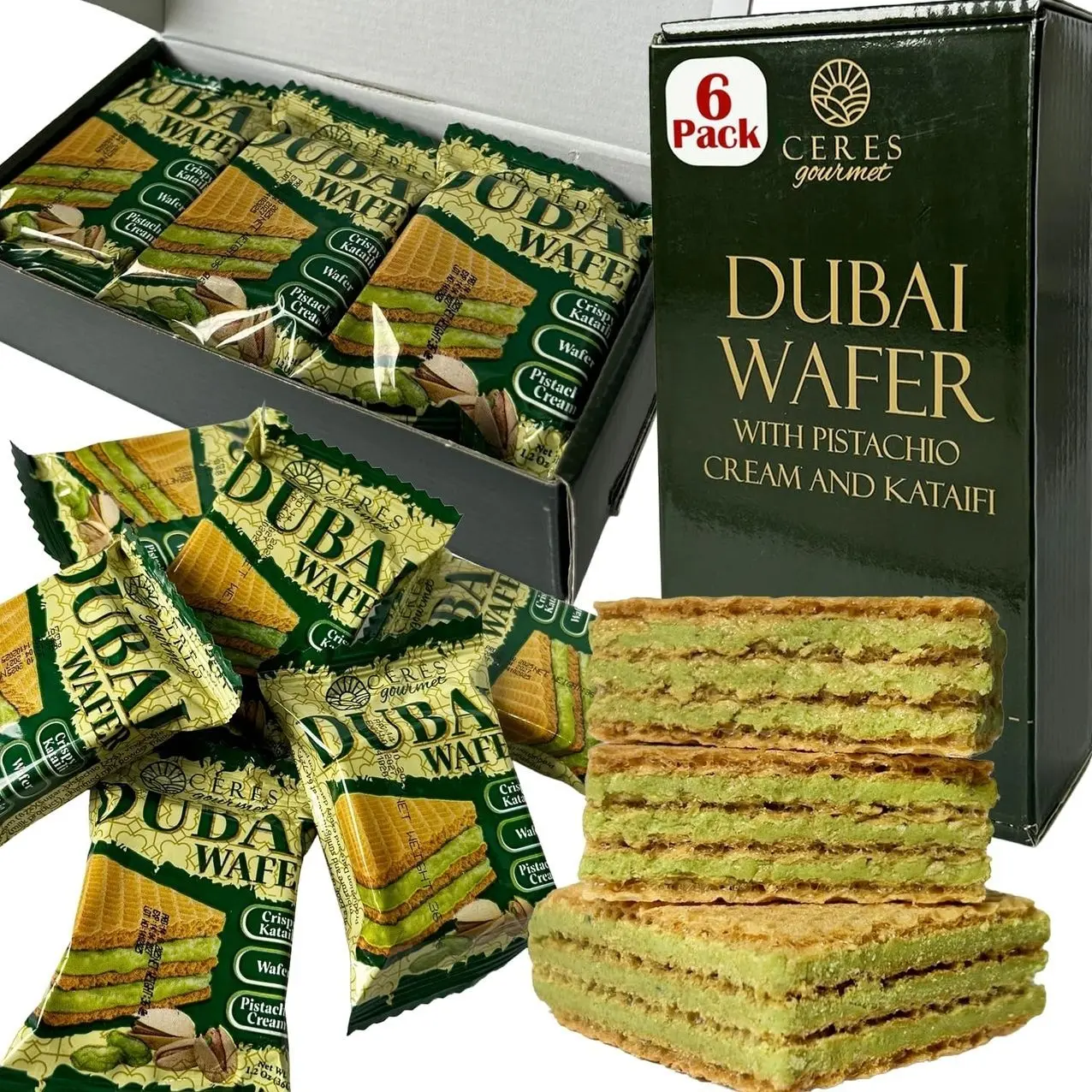Ceres Gourmet Dubai Pistachio Wafer, 6 Pcs Crispy Kunafa Pistachio Wafer in Individually Pack – Gourmet Dubai Wafers for Christmas, Thanksgiving, and All Special Occasions