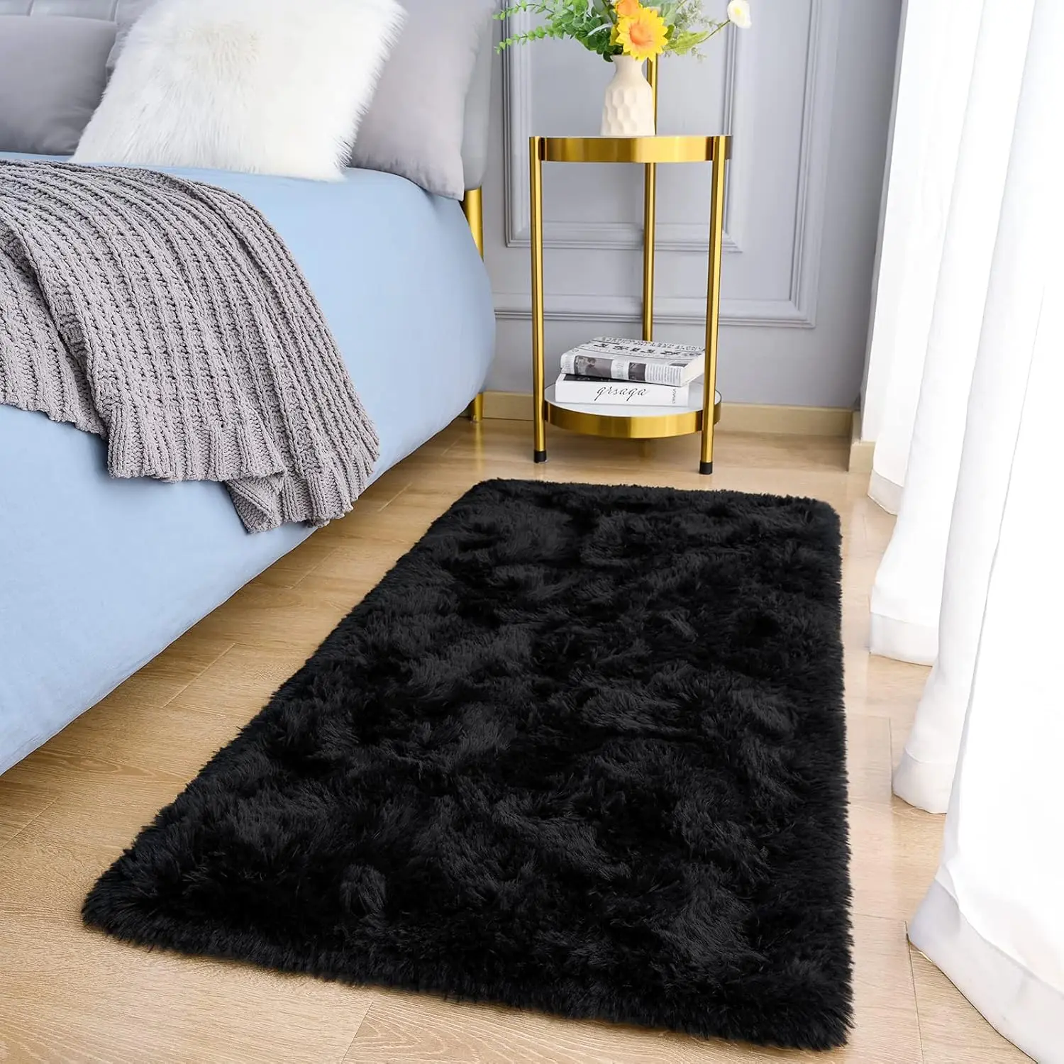 Fluffy Shaggy 2x4 Black Indoor Area Rug, Soft Plush Bedside Rug for Bedroom Use & Living Room, Indoor Rugs