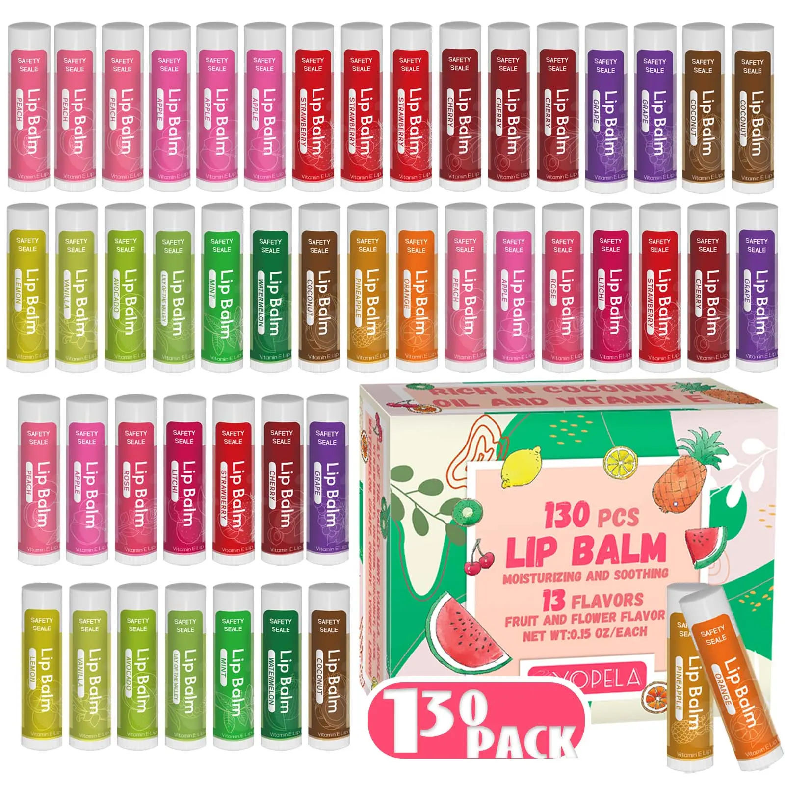 130 Pack Natural Lip Balm Bulk with Vitamin E and Coconut Oil Valentine's Day best choice - Moisturizing, Soothing, and Repairing Dry and Chapped Lips - 10 Flavors - Non-GMO