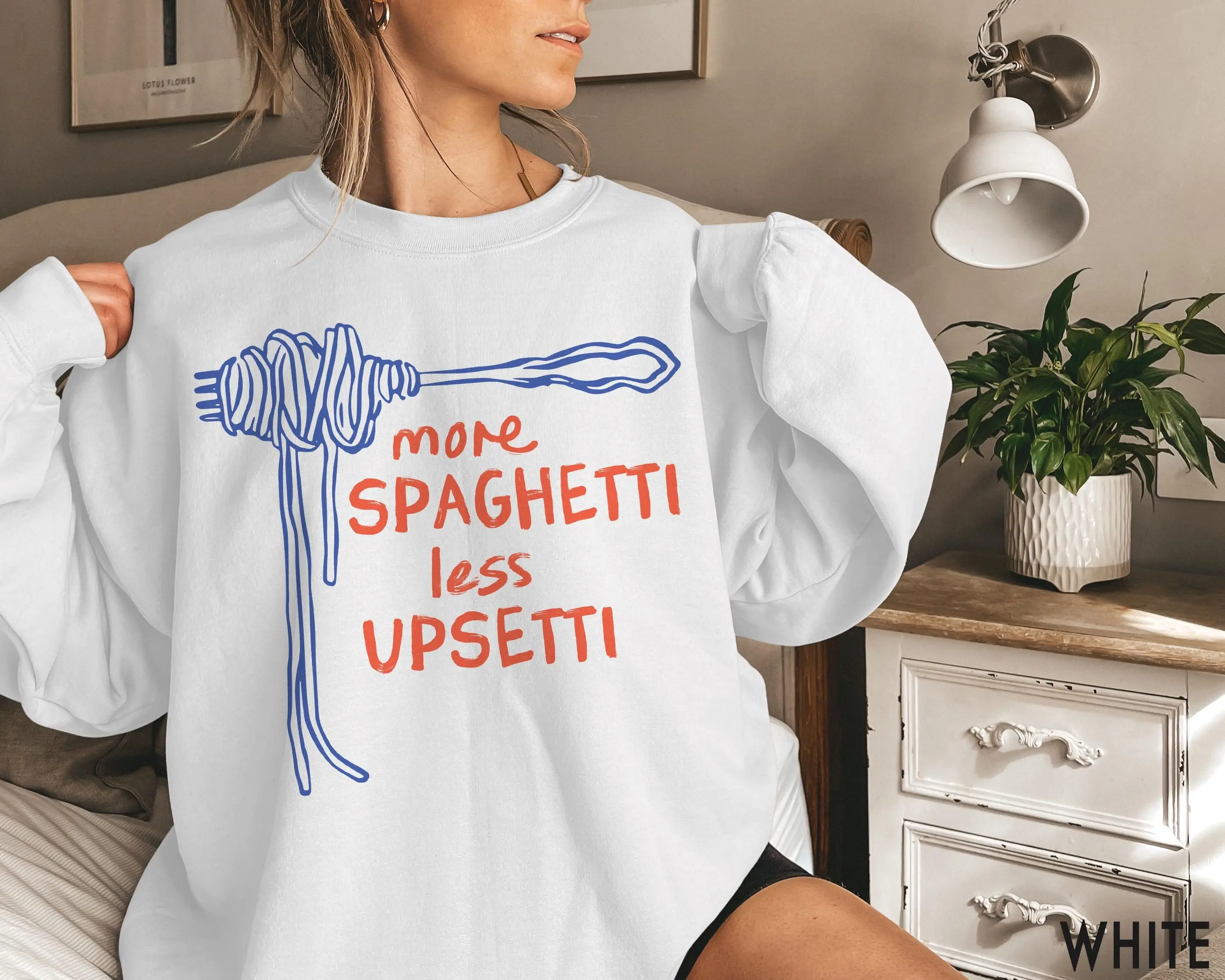 Spaghetti Sweatshirt, More Spaghetti Less Upsetti, Funny Food Shirt, Foodie Crewneck, Food Humor, Silly Shirts, Retro Pasta Shirt Casual Cotton Knit Womenswear