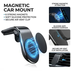 Universal Magnetic Car Phone Holder, Car Cellphone Mount, Metal L-Shaped Mount for Dashboard Vent, Adjustable & Durable Design for Secure Grip