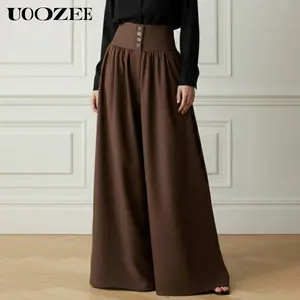 UOOZEE Women's 2026 Spring Autumn High-Waist Pleated Wide Leg Pants - Button Waist, Solid Color, Pockets, Loose Casual Trousers for Daily/Office Commute, Year-Round Bottoms (Sizing Runs Small - Check Size Guide or Order Larger),summervibes
