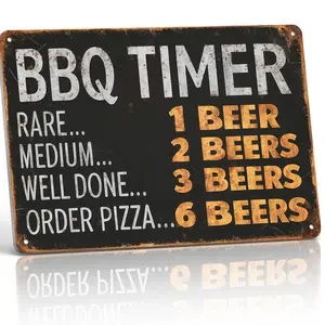 BBQ Timer Beer & Pizza Funny Grill 12x8 Inch Aluminum Metal Sign - Hilarious Barbecue Wall Decor for Backyard Patio, Grill Station, Man Cave, Bar - Retro Tin Sign Gift for Grill Masters, Beer Lovers and BBQ Enthusiasts