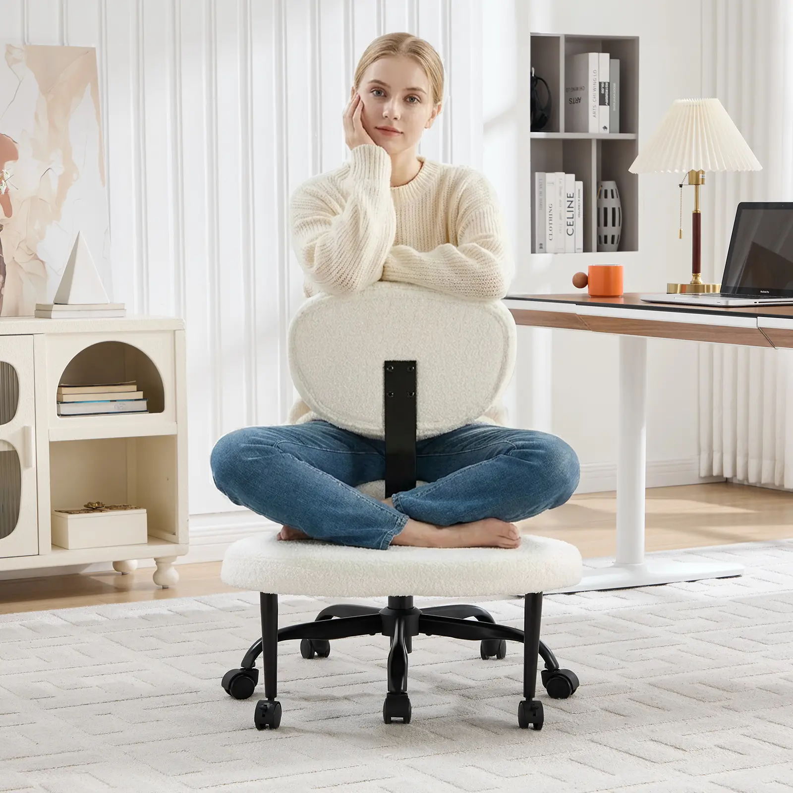 [memorialday] EBELLO Ergonomic Cross Legged Chair, 360° Swivel Meditation Chair with Wheels, Height Adjustable Seat, Strong Lumbar Support, Chic Home Office Furniture