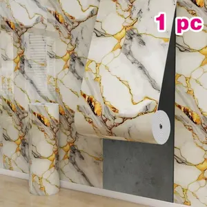 1 Roll 15.7x118 Inches Faux Marble Gold Vein 3D Tile Stickers, Self-Adhesive Oil-Proof Waterproof Wallpaper, Wall Renovation Decals, Luxury Gold Texture 3D Embossed, Peel and Stick Easy Clean Removable