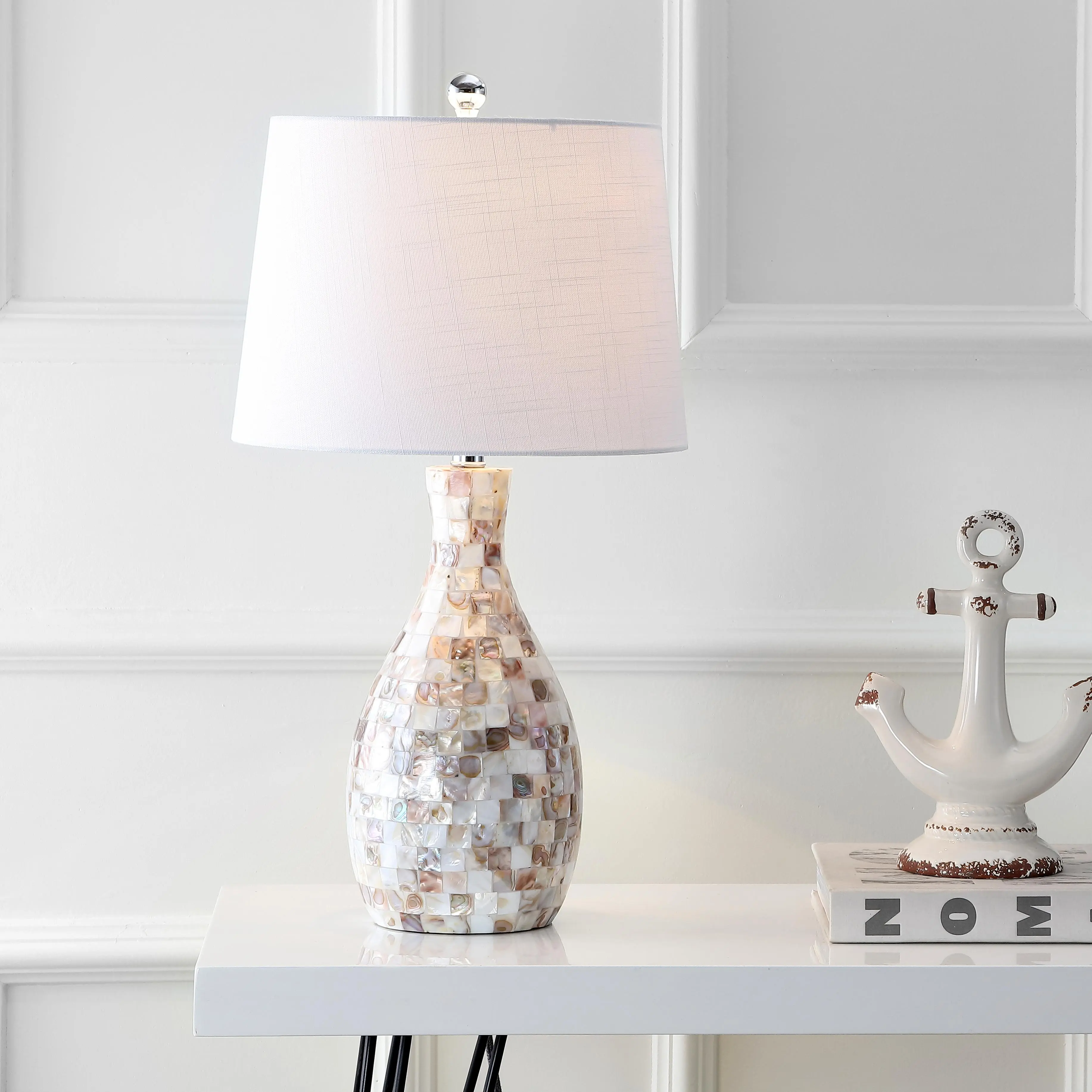 JONATHAN Y Verna 26.5" Decorative Atmosphere Table Lamp, Mosaic Seashell Ivory/Beige, Cotton-White Linen Drum Shade, Coastal Capiz, Bedroom Nightstand, Chrome, UL Listed, Silk Cord, LED Lights Included, Indoor Room Lights, Home Accessories