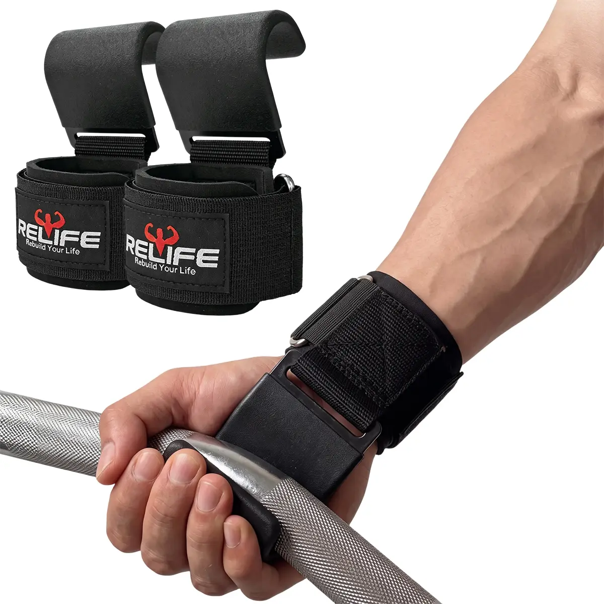 RELIFE REBUILD YUOR LIFE Weightlifting Hooks (Pair) with Padded Wrist Support, Reinforced Nylon Straps, Steel Hooks & Non-Slip Grip, Adjustable Lifting Straps for Deadlifts, Pulls, Rows & Gym Workouts