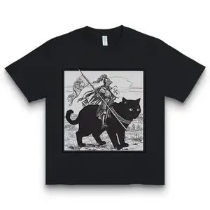 Medieval Knight Cat Graphic Tee, Black Fantasy Armor Cat Shirt, Unique Medieval Animal Art Casual T-Shirt