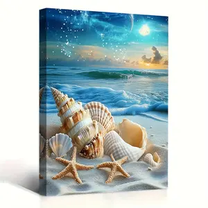 1 piece, wooden frame canvas painting, beach shell diamond art kit for adults beginners DIY full diamond crystal craft kit, decorative art, wall decoration for living room, bedroom, dining room, and bathroom, AH830YAM699, home decoration, room decoration,