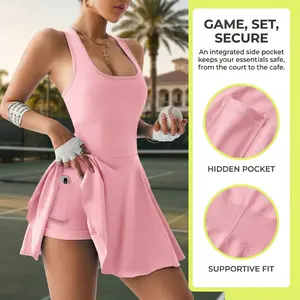 Women's tennis dress one-piece slim fit soft sportswear golf badminton suit with chest cushion sports yoga suit, Women's Seamless Racerback Tennis Dress with Built-in Shorts, Golf Activewear with Pockets