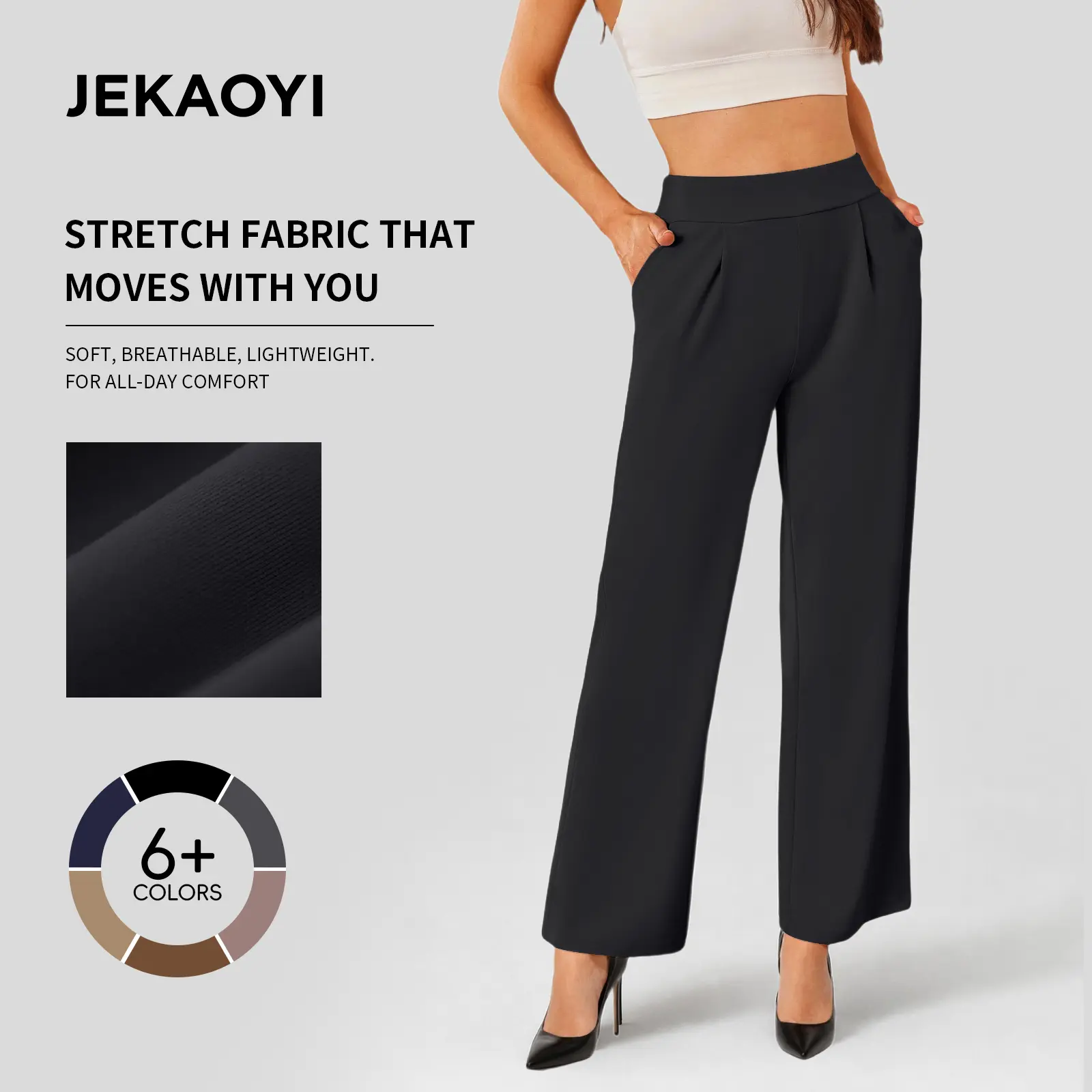 JEKAOYI 2026 Women's High-Waist Wide Leg Dress Pants - Polyester, Stretchy, Breathable, Dressy, Elegance-Focused, Side Pockets, Fits Business Office Work & Casual Occasions, High Waisted, Formal