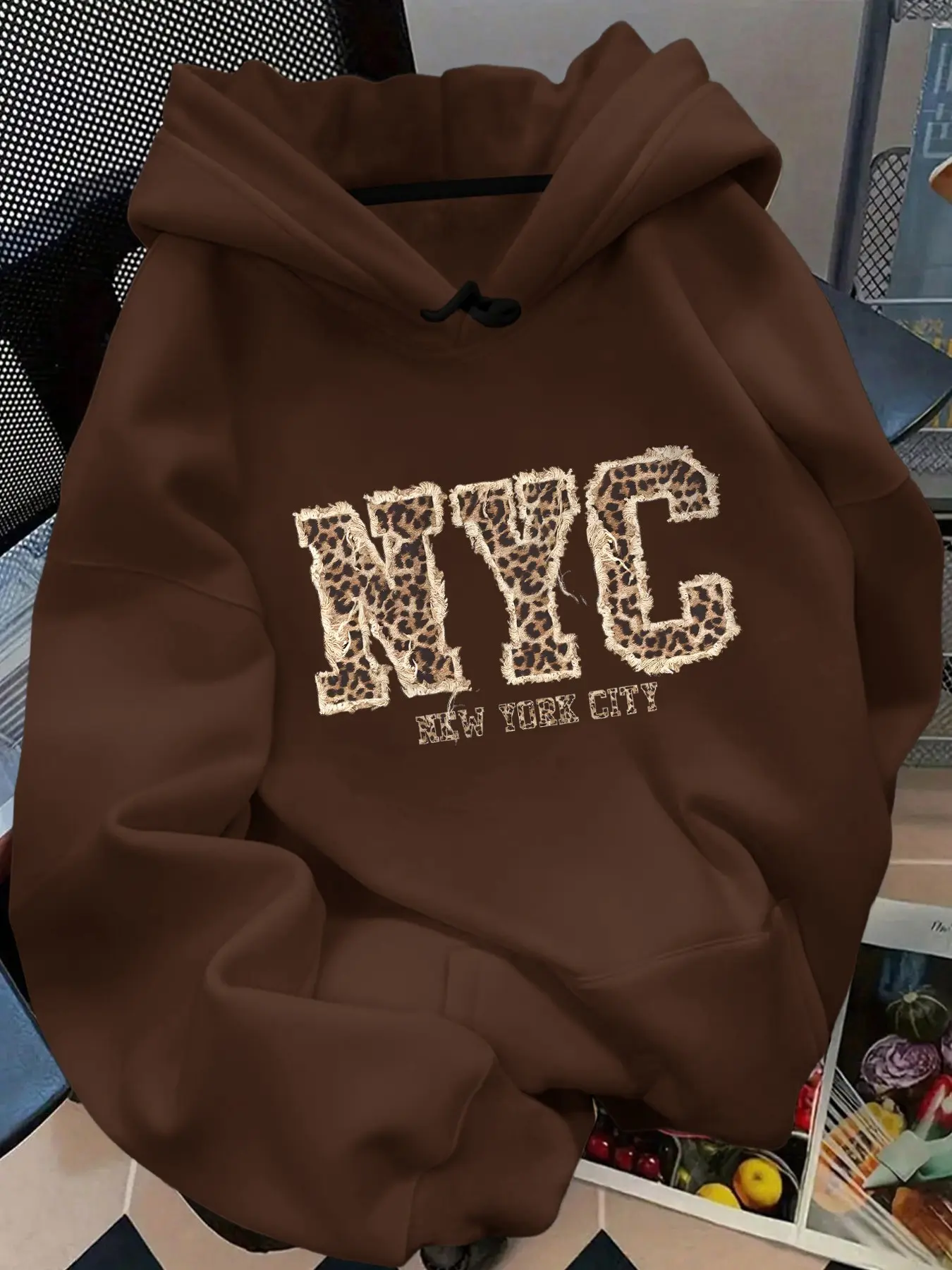 Unisex Leopard Print Hoodie with Pocket, Nyc Letter Print, Casual Long Sleeve Fitted Sweatshirt, Spring & Fall Fashion