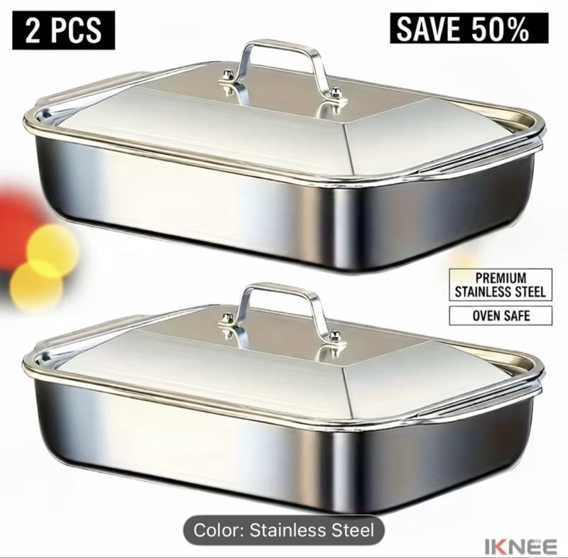 4-piece Set: 2 Deep Pans and 2 Lidded Pans with Handles, Stainless Steel Rectangular Baking Pans with Steel Lids - 6-liter Large Capacity, 16.14-inch Deep Baking Pan, Fish Pan, Roasting Pan, Lasagna Pan, Chicken, Dishwasher Safe, Gift for Men