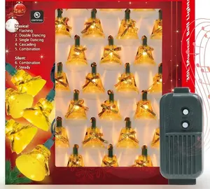 LAMPHOME 30 Lights Christmas Musical Bell String Lights, 25 Classical Holiday Songs, 7 Functions Yellow Incandescent Bulb Green Wire Light with Yellow Bells for Indoor Xmas Tree Decorations