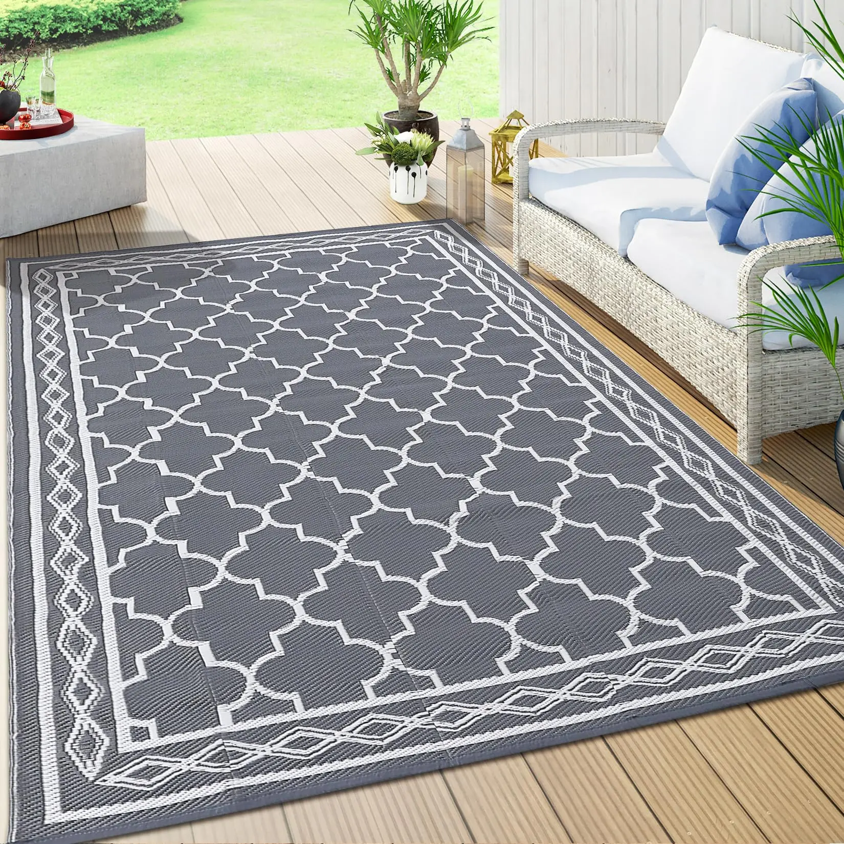 10x20 Outdoor Rug, Waterproof Reversible Patio Carpet, Moroccan Print Camping Rug, Geometric RV Mat for Deck, Balcony, Picnic & Beach, Grey