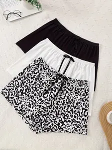 Women's Plus Size Knit Pants Set, 3pcs Short Shorts Bow Tie Sleepwear, Casual Comfortable Home Wear Summer Outerwear Pjs Loungewear Soft