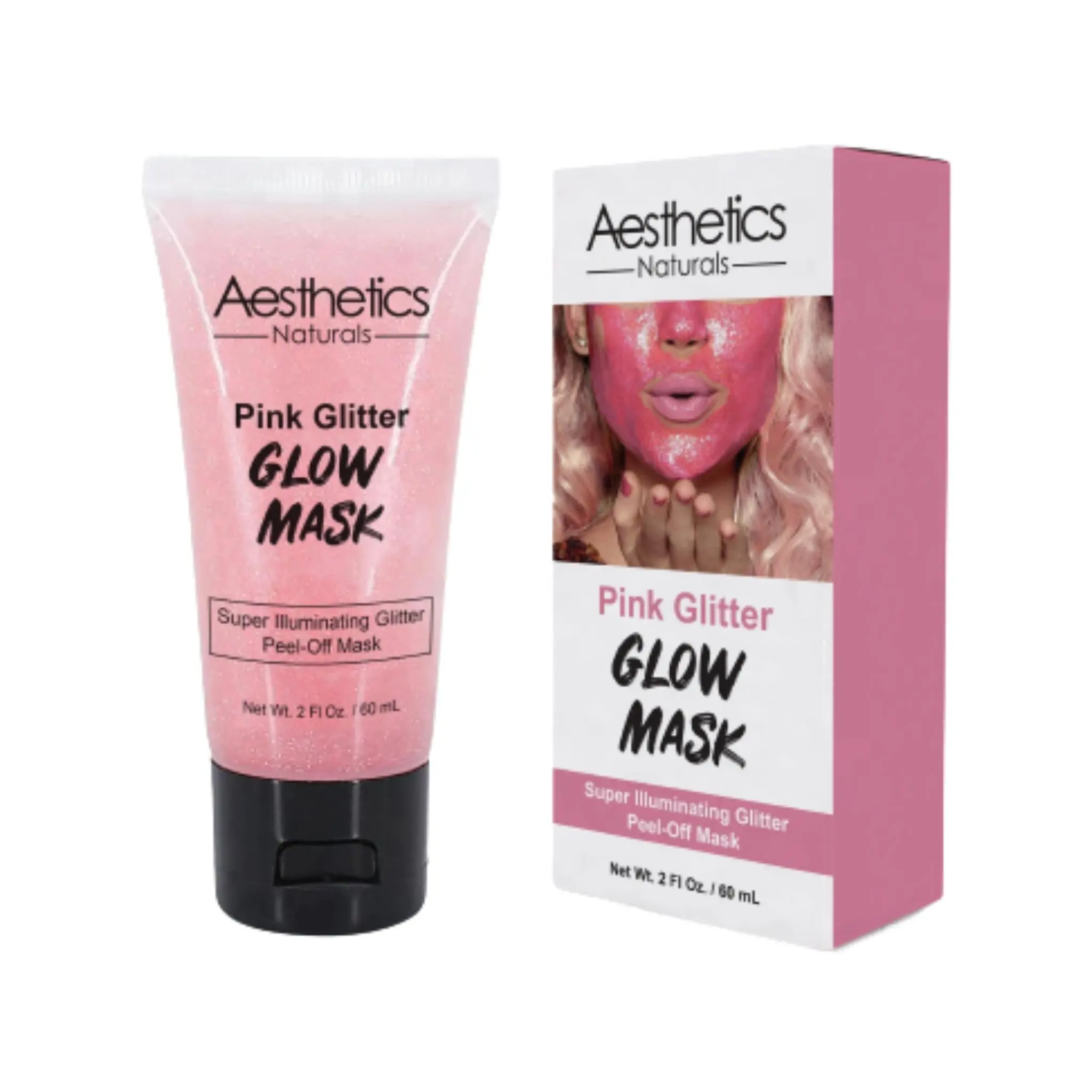 Aesthetics Naturals Pink Glitter Glow Peeling Off Face Mask (60ml) - Dead Sea Mud Mineral Formula, Anti-Aging Exfoliator, Blemish Treatment, Combination Skin, Even Tone & Texture, Radiant Smooth Skin, Exfoliate, Peeling Off Mask, Masks
