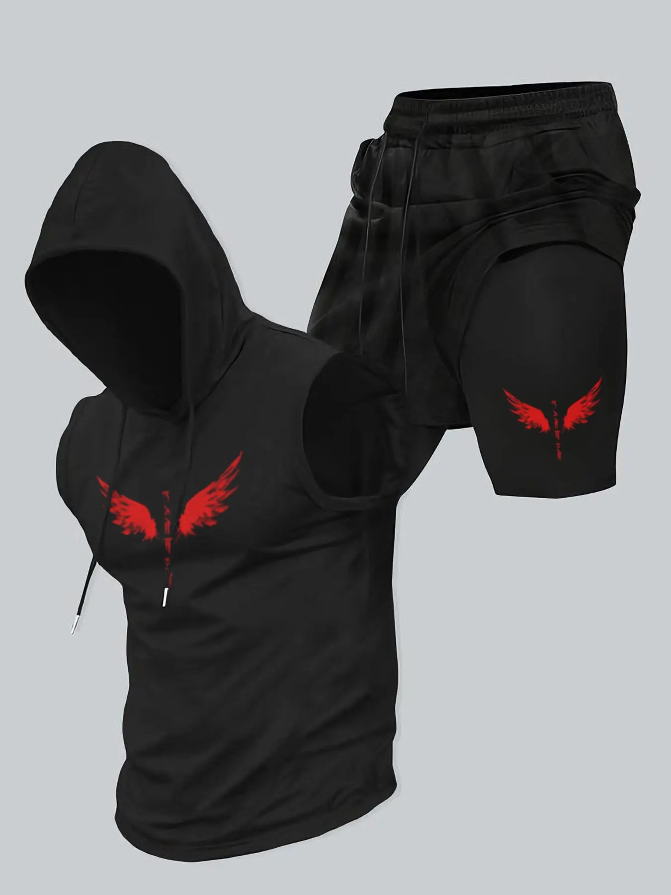 Men's Hooded Vest Set Simple Print, Summer Sports Gym Training Outdoor Casual Sleeveless Hoodie Tank Top Shorts Set