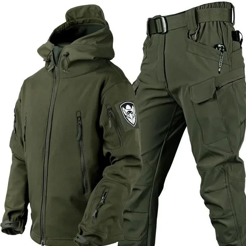 WinterThickedMenCamoSuitWaterproofTacticalSetMulti-pocketHoodedJacketFleecePantsOutdoor2-piece