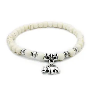 Unisex Bohemian Bead Bracelet - Synthetic Beige Turquoise Elephant Charm, Elastic Rope Sports Wristband, Yoga Jewelry, Couple Gifts, All-Seasons Unisex Accessory
