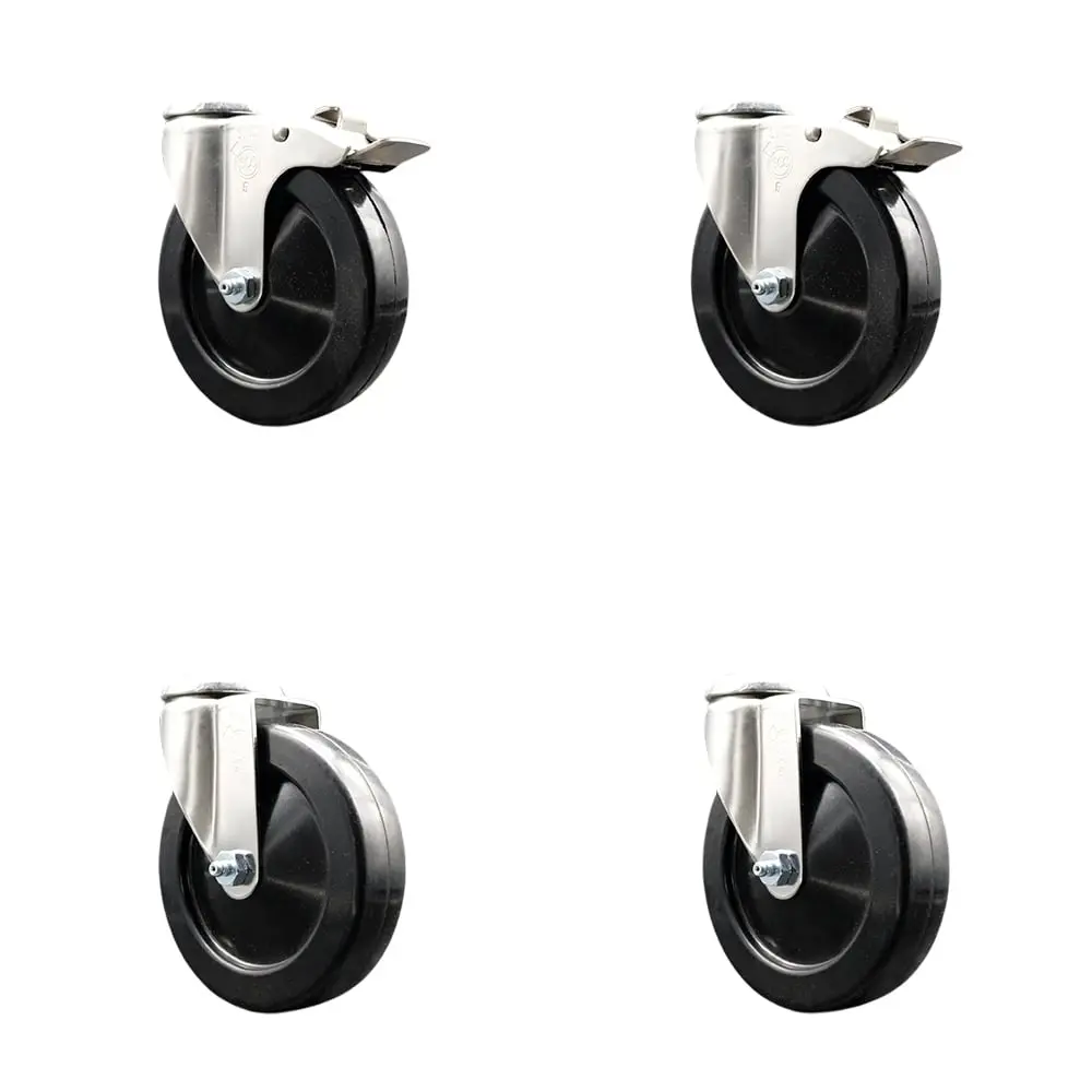 212 MAIN Service Caster SCC-SS316BHTTL20S514-SRS-2-S-2 Soft Rubber Swivel Bolt Hole Caster - 5 in. Black Lockable Wheels Total Lock - 316 Stainless Steel, Swivel Type, Set of 4
