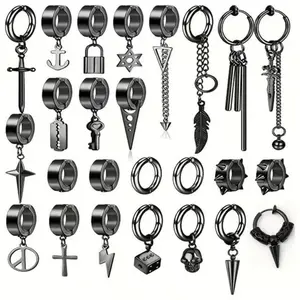 25 count Clip on Earrings for Men Stainless Steel Cross Chain Dangle Earrings Black Fake Earrings for Men Women Non Pierced Huggie Hoop Earrings Set Daily