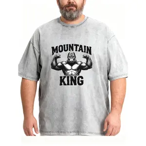 Men's Plus Size "Mountain King" Gorilla Graphic Washed T-Shirt, Bold Gym/Outdoor Short Sleeve Tee