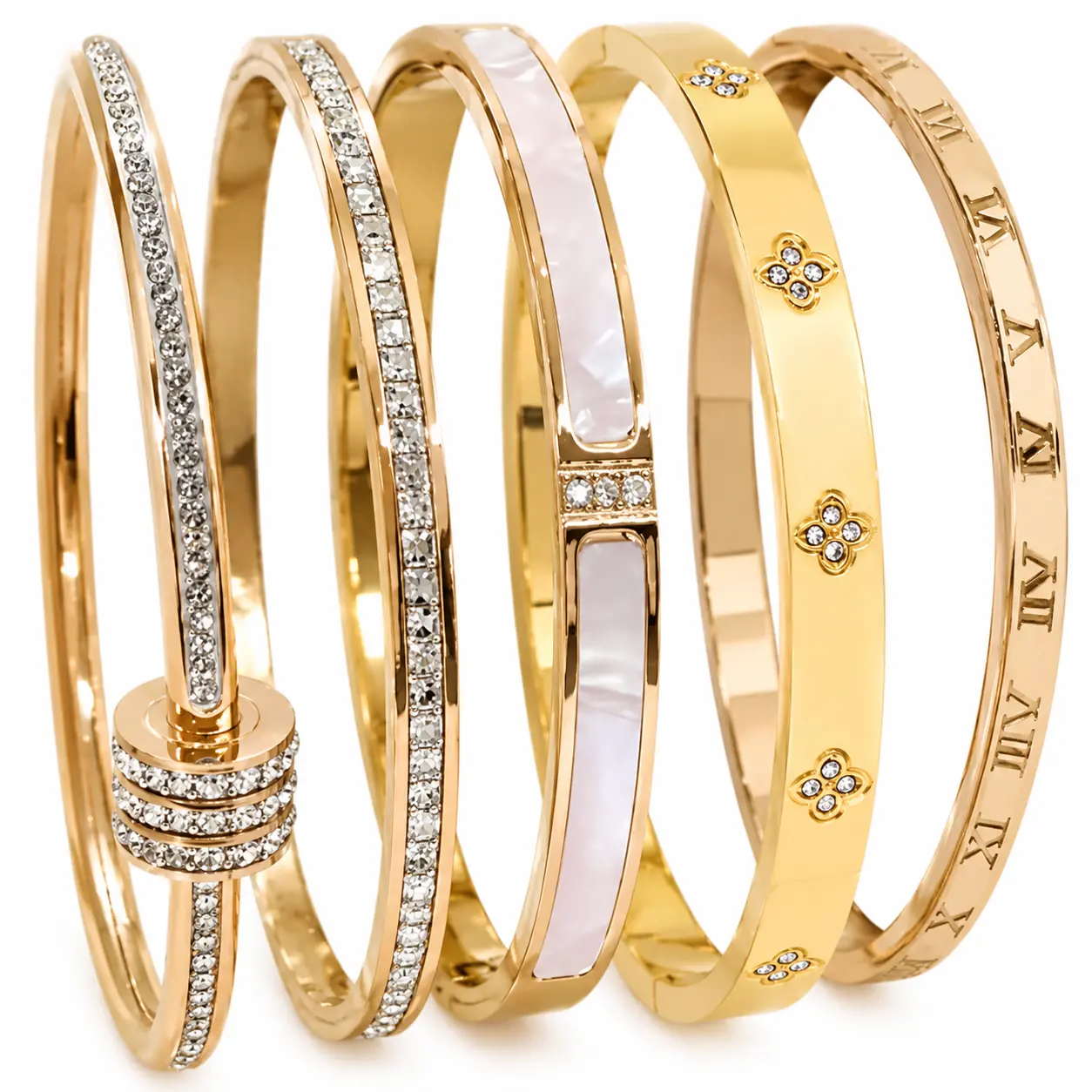 5PCS Titanium Steel Bangle Bracelet Set for Women, Rhinestone Stackable Bracelet, Waterproof Non Tarnish Versatile Style Jewelry Gift for Christmas Birthday, Fashion Accessories