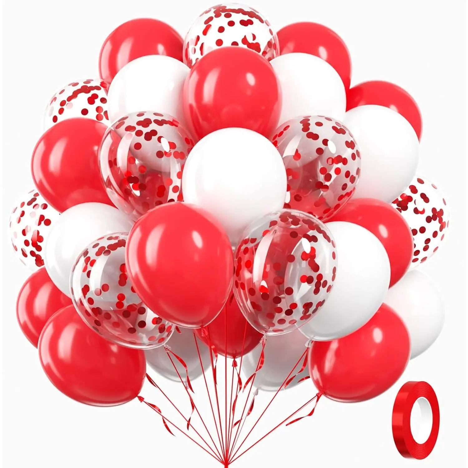 60pcs 12in Thick Latex Red & White Ribbon Confetti Balloons - Easy Assembly Balloon Garland Supplies with Glue for Valentine’s Day, Birthday Decor (Backdrop, Arch Use)